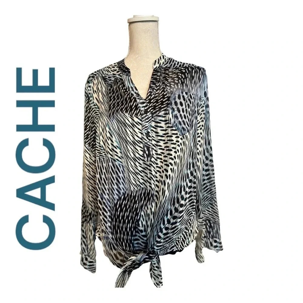 ✨ Cache Blue/Black Cheetah print colored loose fitting blouse with tie front.